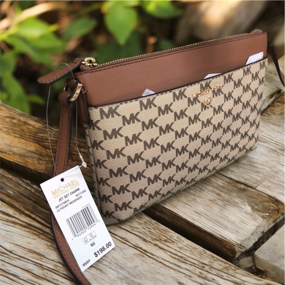 Michael Kors Women Signature Monogram Canvas Leather Trim Crossbody Bag NWT